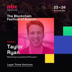 a poster for the blockchain festival of europe featuring taylor ryan and other speakers