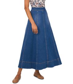 From 1. STATE&#x2C; this skirt features:Denim fabrication A-line silhouette Zip back closure Approx. 37" inches length Cotton/polyester/spandexMachine wash/ tumble dryImported. Spring A-line Denim Bottoms, A-line Denim Bottoms For Spring, Spring A-line Denim Skirt, Flowy Denim Skirt, Denim Maxi Skirt, Independent Women, Dillard's, Cozy Knits, A Line Skirts