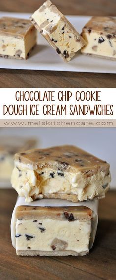 chocolate chip cookie dough ice cream sandwiches are stacked on top of each other, and one is cut in half