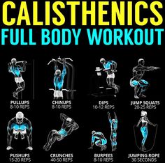 the full body workout is shown in blue and black with text that reads calisthenics