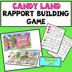 the candy land rapport building game is shown in front of a green background with two pictures