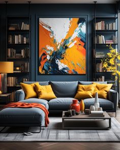 a living room filled with furniture and bookshelves next to a painting on the wall