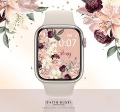 "A beautiful and aesthetic apple watch face wallpaper to remind us to Pray. The background design features:  ♥ Watercolor flowers  ♥  Motivation quote \" Pray \"  ♥  Glitter sparkles This digital download watch wallpaper is a quick way to style up your smart watch to match your mood, season or outfits.  WHAT YOU WILL RECEIVE  ♡ 1 high resolution jpg file ♡ Bsic instructions + TOU files NOTE: This is a digital file available as an instant download, no physical item will be sent.  GRAPHICS: Designed & Illustrated by me ©Bloomsical. The digital files are for PERSONAL USE only. The images were re-sized and optimzed for digital planning use. For commercial use artwork and licenses : bloomsical.etsy.com DOWNLOAD TIP:  ♥ Download the image to your iphone. It is recommended to open Etsy from your Apple Watch Clock Wallpaper, Apple Watch Wallpaper Aesthetic Quotes, Wallpaper For Smart Watch, Apple Watch Wallpaper Aesthetic, Watch Wallpaper Aesthetic, Wallpaper Aesthetic Christian, Smart Watch Wallpaper, Wallpapers Floral, Watch Face Wallpaper