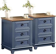 two blue dressers with wooden top and drawers on each side, one has flowers in vases