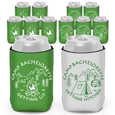 green and white can coolers with camp bachelor on them