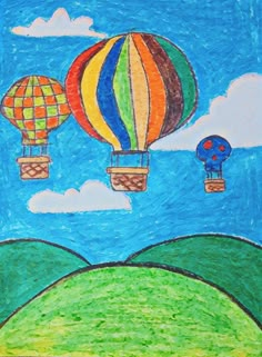 a drawing of three hot air balloons in the sky above green hills and blue skies