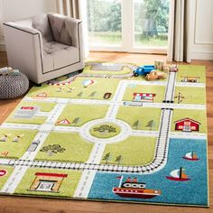 a child's play rug with cars and trains on it in a living room