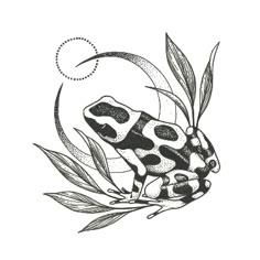 a black and white drawing of a frog sitting on top of a leafy branch