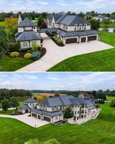 two pictures of a large house with lots of grass and trees in the front yard