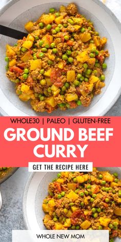 two bowls filled with ground beef curry next to each other and the words whole 30 pale gluen free