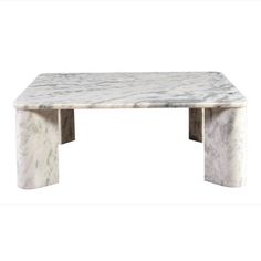 a white marble coffee table with two legs and a square shaped design on the top