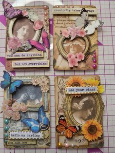 three cards with pictures and butterflies on them