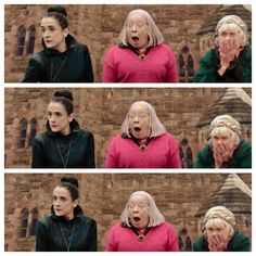 four different pictures of an older woman making funny faces with her mouth open and hands in front of her face