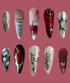 Edgy Y2k Nails, Centipede Nail Art, Christmas Y2k Nails, Centipede Nails, Metalhead Nails, Alternative Nails Designs, Pierced Nails, Newspaper Nail Art, Rockstar Nails