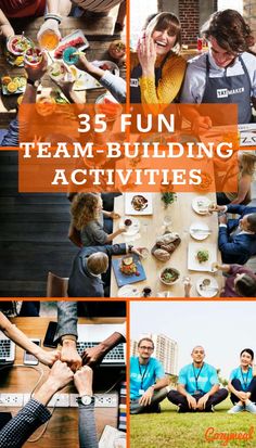 a group of people sitting around a table with food on it and the words, 5 fun team building activities