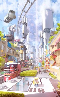 an animated city scene with people walking down the street