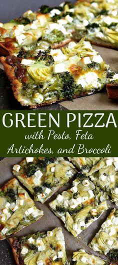 green pizza with pesto, artichokes and broccoli on top