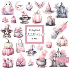 a collection of watercolor halloween items including pumpkins, witches and other things in pink