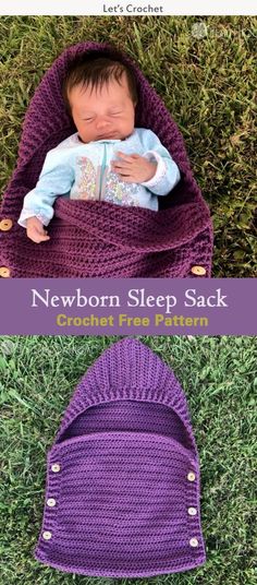 a baby sleeping in a purple crochet beanie with the words newborn sleep sack written