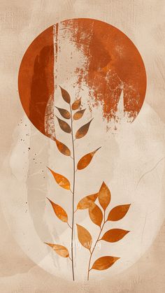 an orange and white painting with leaves on it