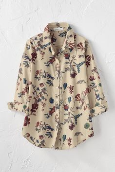 Inspired by nature – a favorite print in soft, earth-toned botanicals. Our lightweight, wrinkle-free shirt is perfect tucked in or not, with reinforced placket, cuffed 3/4 sleeves and shirttail hem. Toned Women, Iron Shirt, Shape Wear, Twin Set, Button Cardigan, Pull On Pants, Wrinkle Free, Inspired By Nature, Personal Shopping