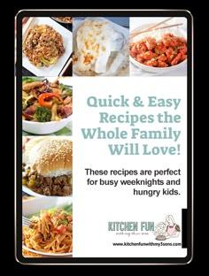 an advertisement for the kitchen fun cookbook with pictures of different food items on it