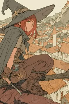 a woman sitting on top of a roof with a wizard hat over her head and holding a wand