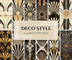 art deco style seamless patterns in gold, black and white with the words deco style