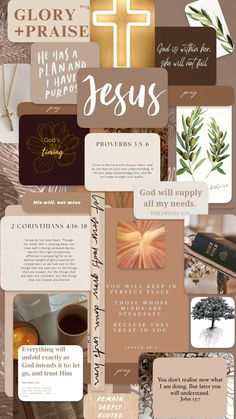 a collage of images with the words jesus on them and an image of a cross