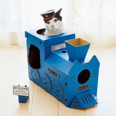 a cat is sitting on top of a blue train toy box and looking at the camera