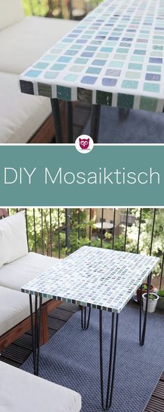 an outdoor table and bench on a deck with the words diy mosaikisch