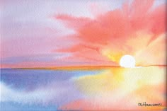 watercolor painting of sunset over the ocean with pink clouds and orange sun in background