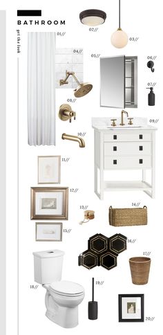 the bathroom is all white and has gold accessories on it, including a toilet, sink,