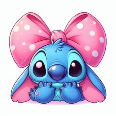 a cute little blue and pink animal with big bows on it's head, sitting down