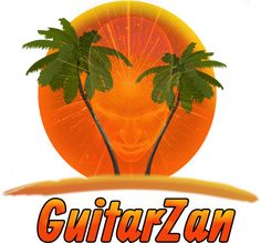 an orange background with two palm trees and the words, guitarzann on it