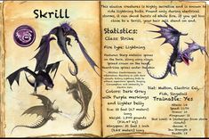 an open book with pictures of different types of dragon's and their names on it