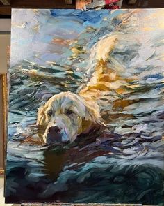 a painting of a golden retriever swimming in the ocean with his head above water