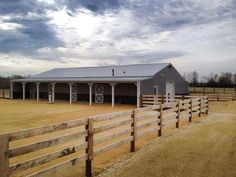 a barn with two stalls and a fence in the foreground, on a cloudy day