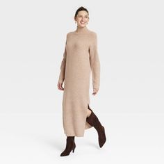 Women's Long Sleeve Midi Sweater Dress - Universal Thread™ Tan XL Long Cream Dress, Sweater Dress With Boots, Target Sweater, Maxi Sweater Dress, Fall Winter Fashion Trends, Navy Sweater Dress, Ribbed Bodycon Midi Dress, Maxi Sweater, White Sweater Dress