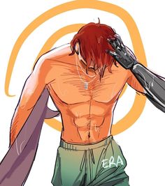 an anime character with red hair and no shirt is holding his arm over his head