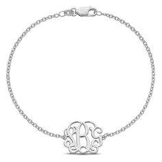 A cherished piece of personalized jewelry with this monogram bracelet. Designed in rhodium plated sterling silver, this signature bracelet holds a charm that may be scripted with your choice of maximum 3 initials in QGVineNew font. This 7.5-inch long and bracelet secures with easy to use lobster clasp. Signature Bracelet, Monogram Bracelet, Script Monogram, Jared The Galleria Of Jewelry, Alternative Metal, Loose Stones, Personalized Bracelets, Precious Jewelry, Metal Jewelry