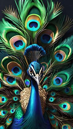 a peacock with its feathers spread out