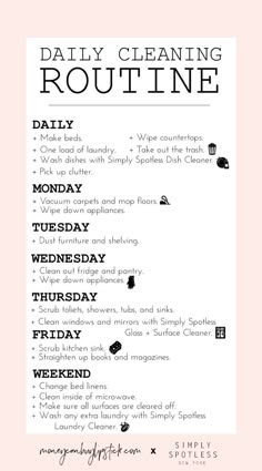 the daily cleaning routine is shown in black and white, with text on pink background