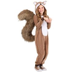 The Fun Costumes Scampering Squirrel Onesie Costume for GirlsEveryone has seen squirrels scampering about in trees and now your child can roleplay as one of these critters for Halloween with our Scampering Squirrel Costume for kids! Featuring a minky fleece jumpsuit, the onesie has an attached hood with faux fur ears and embroidered squirrel facial features. A bushy faux fur tail is sewn onto the jumpsuit and is secured to the top of the costume with elastic loops to have your kiddo ready for a Squirrel Costume, Fox Costume, Onesie Costumes, Squirrel Girl, Animal Costumes, Cute Squirrel, Cute Costumes, Cool Costumes, Girl Costumes