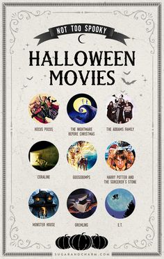 the poster for halloween movies is shown in white and has many different pictures on it