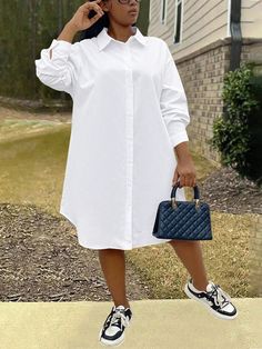 Plus Size Women's Solid Color Dropped Shoulder Long Sleeve Loose Casual Shirt Dress, Spring Summer Maxi Women Outfit White Casual  Long Sleeve Fabric Plain Shirt Non-Stretch  Women Plus Clothing, size features are:Bust: ,Length: ,Sleeve Length: Button Front Shirt Dress, Dress Spring, Summer Maxi, Plain Shirts, Women Maxi, Spring Summer Dress, Button Front Shirt, Kids Sleepwear, White Casual