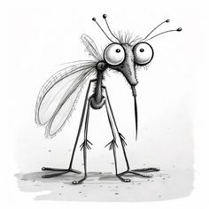 a drawing of a mosquito with eyes and legs