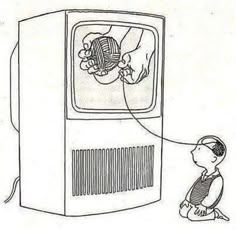 a cartoon drawing of a boy looking at a television screen with the caption,