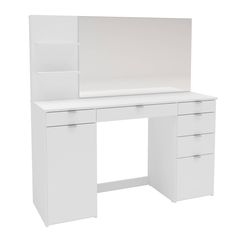 a white desk with two drawers and a shelf