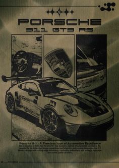 an advertisement for the porsche gt4 race car, with two pictures of it's engine